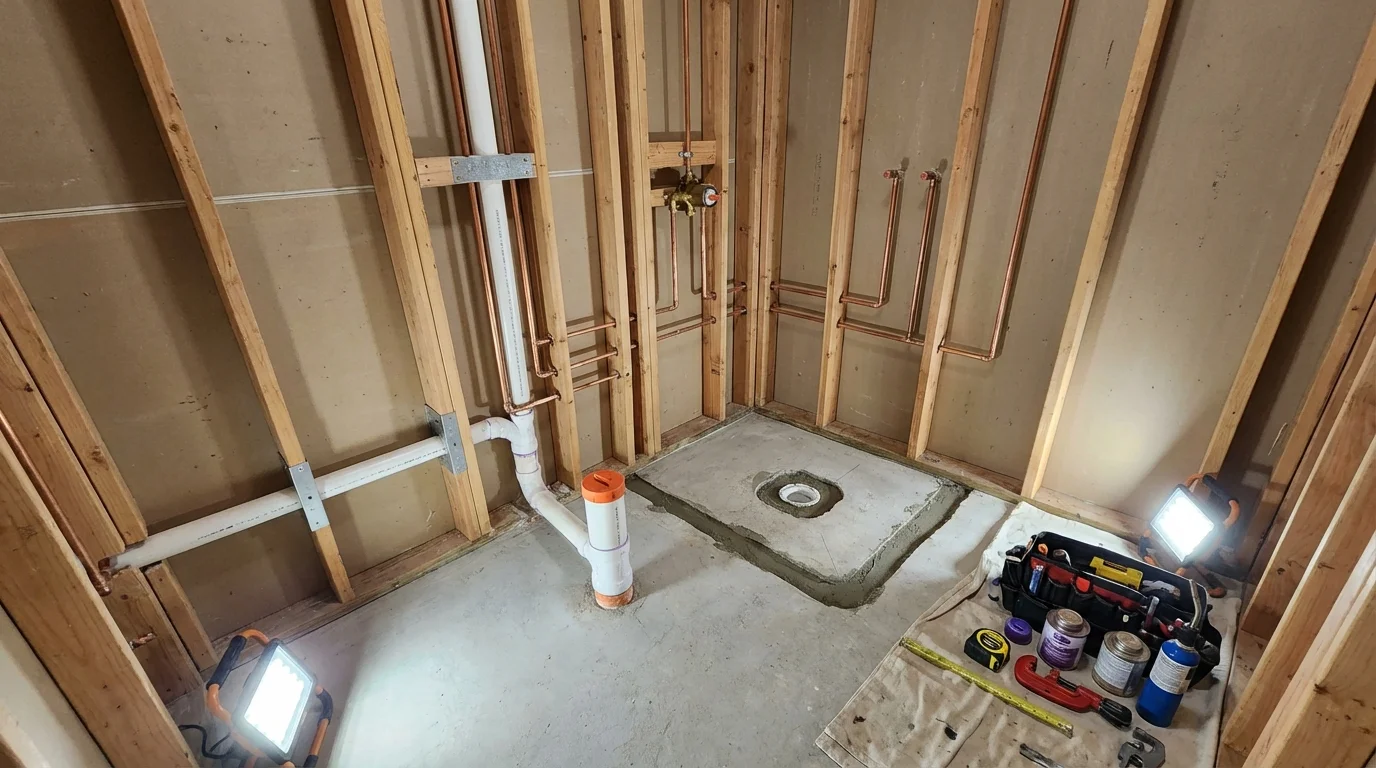 Bathroom rough-in plumbing during remodel by Johns Plumbing LLC in Bridge City