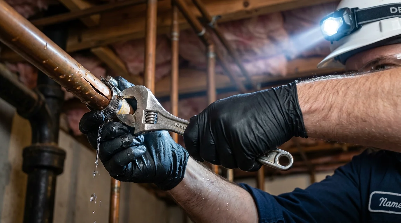 Emergency pipe clamp repair being performed by a Johns Plumbing LLC plumber in Bridge City