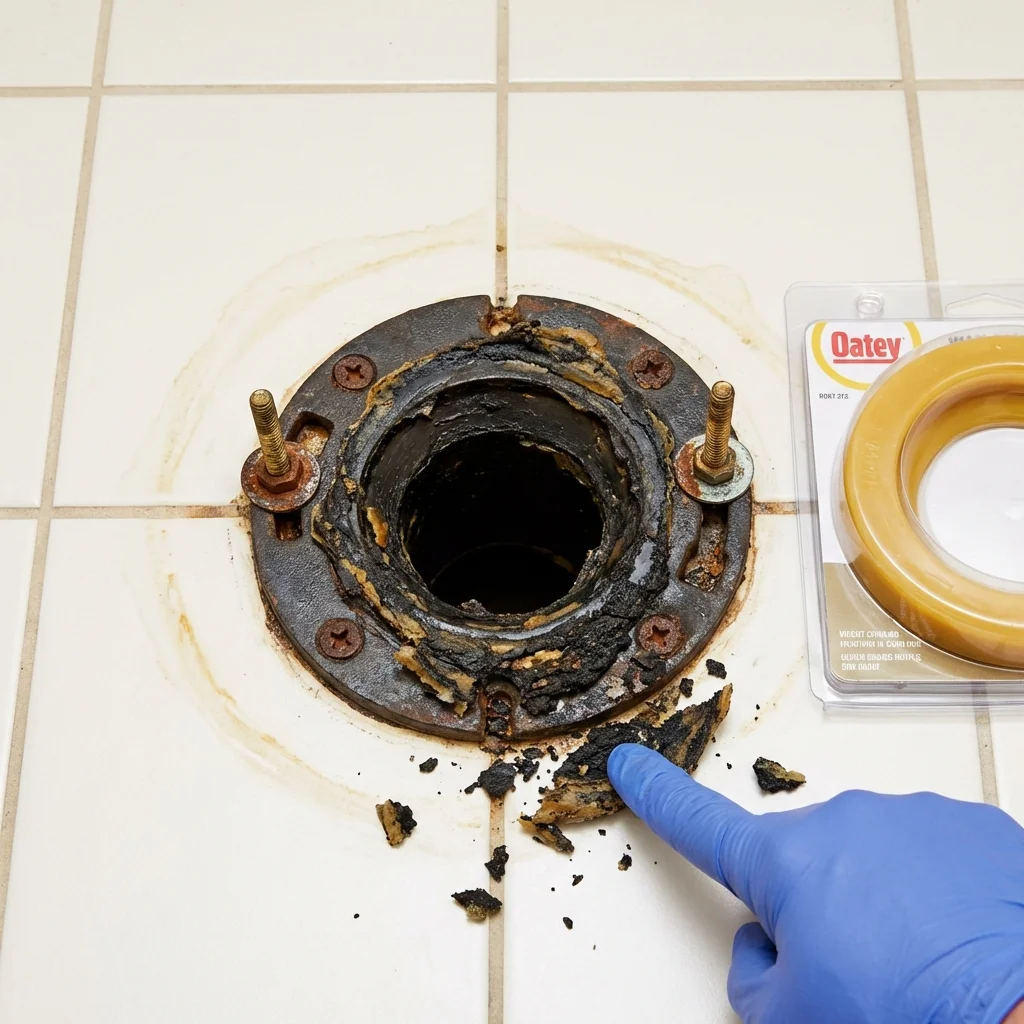 Failed wax ring showing water seepage at the base of a toilet in a Bridge City, TX home