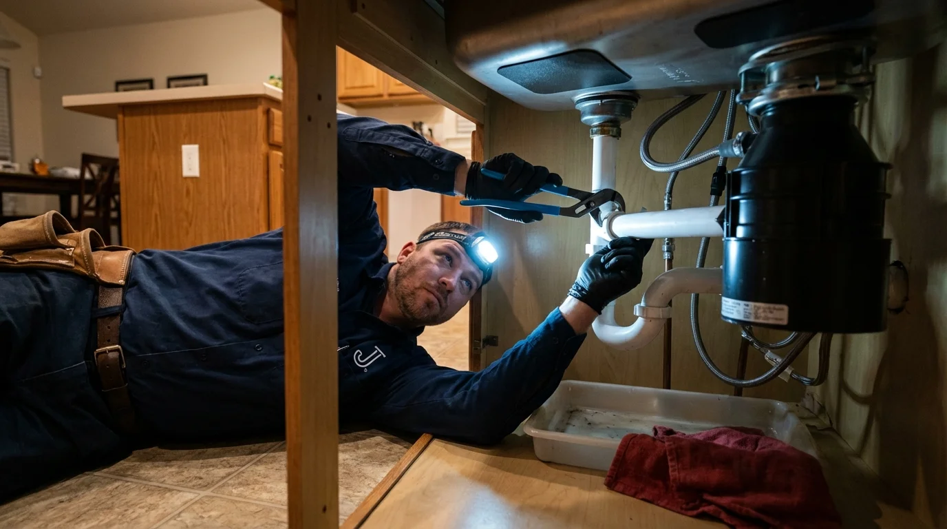 P-trap and supply line connections under a kitchen sink showing a common leak point in Bridge City, TX